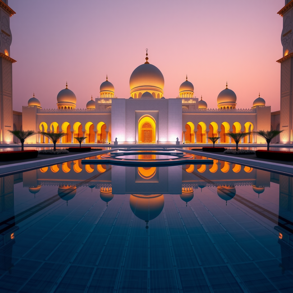 The magnificent Sheikh Zayed Grand Mosque in Abu Dhabi with its white domes and minarets reflecting in the surrounding pools at dusk.