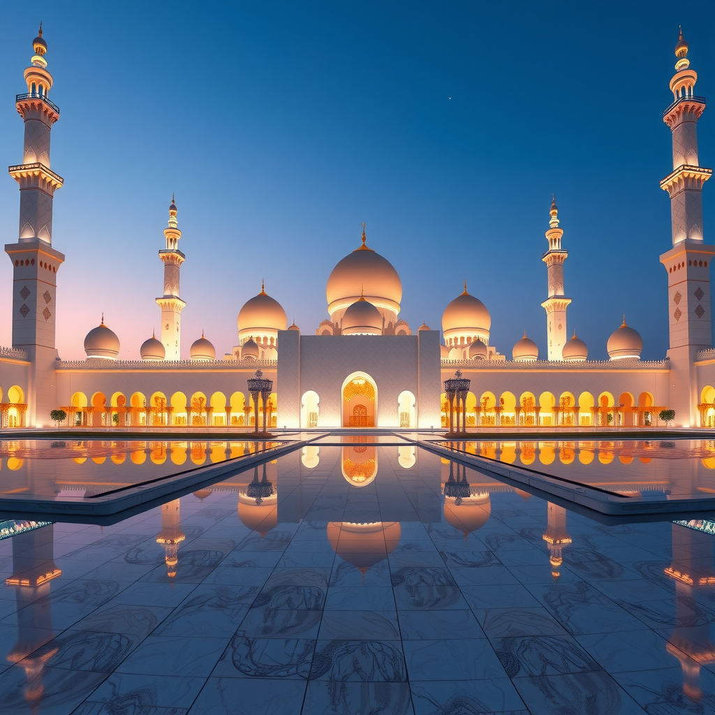 A panoramic view of the Sheikh Zayed Grand Mosque at dusk, with its white marble domes and minarets glowing under the lights and reflecting in the surrounding pools.