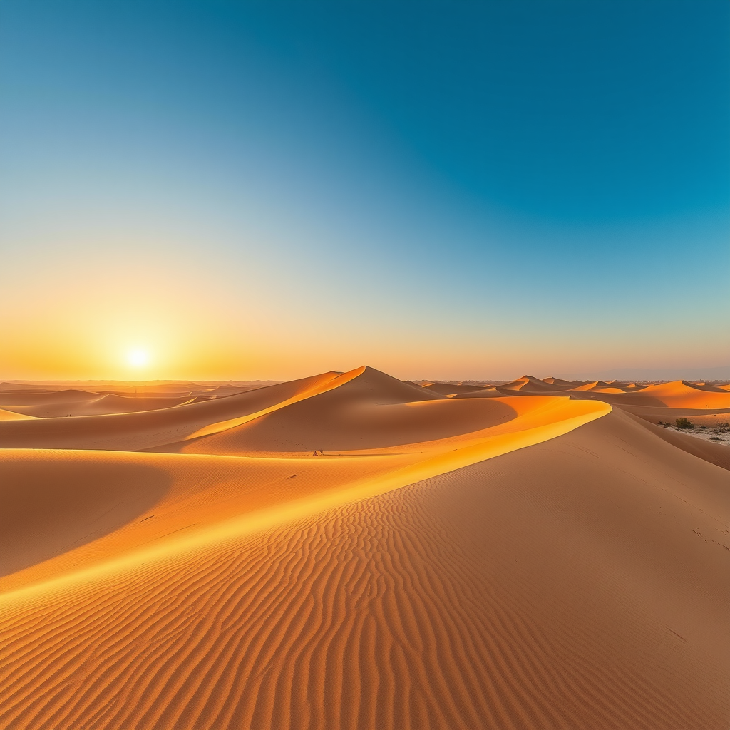 A panoramic view of the vast, rolling golden sand dunes of the Abu Dhabi desert under a clear blue sky at sunset.