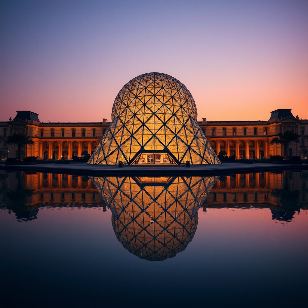 The magnificent exterior of the Louvre Abu Dhabi at dusk, with its intricate dome structure illuminated against the twilight sky and reflecting in the calm surrounding water.