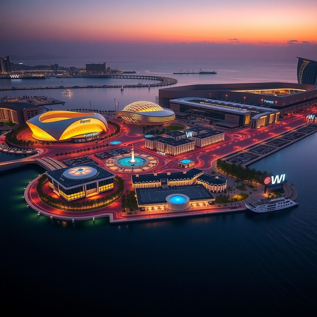 Panoramic view of Yas Island at dusk, showing the illuminated structures of Ferrari World, Yas Waterworld, and the W Abu Dhabi hotel.