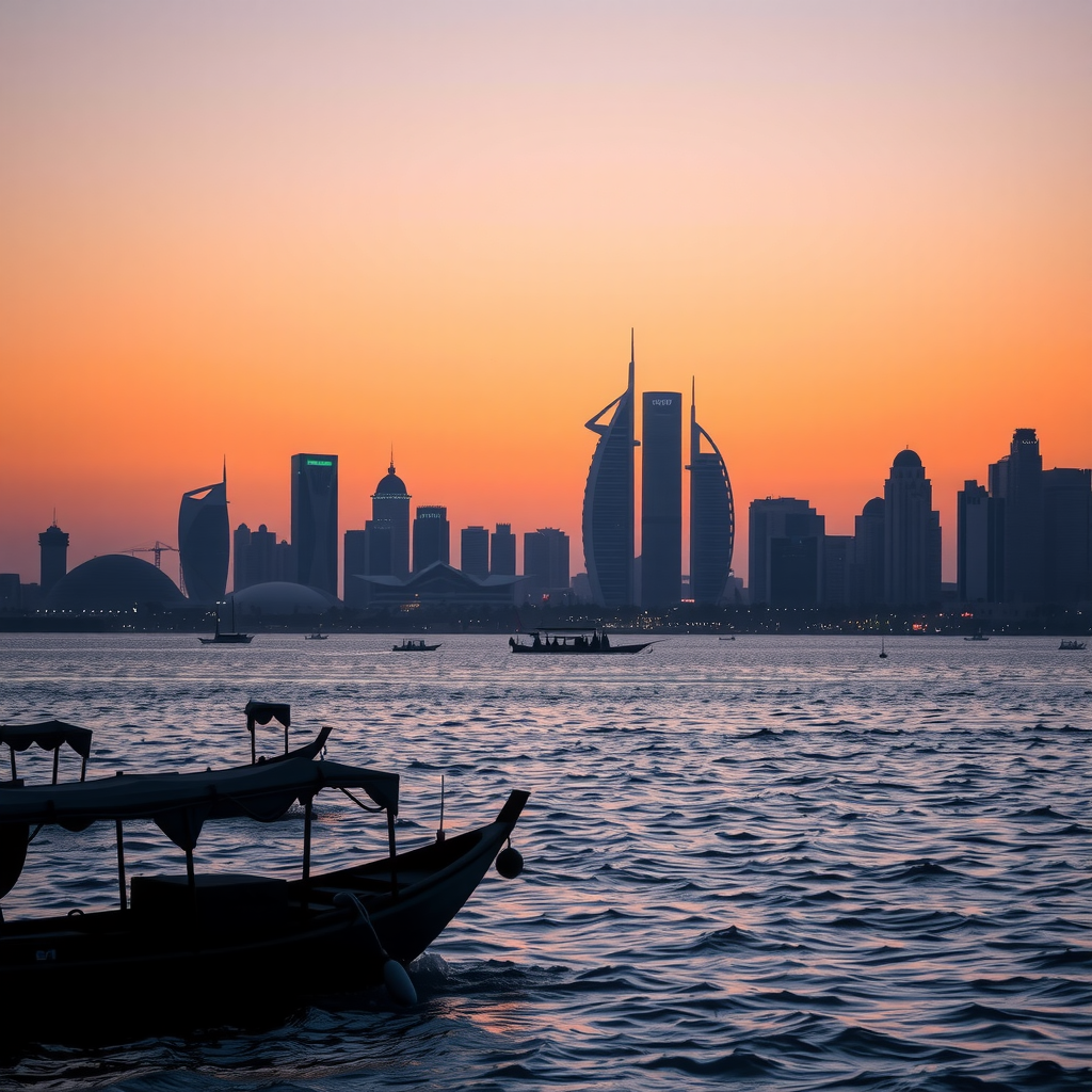 A serene, lesser-known view of Abu Dhabi's skyline at dusk, with traditional dhow boats in the foreground, hinting at hidden adventures.