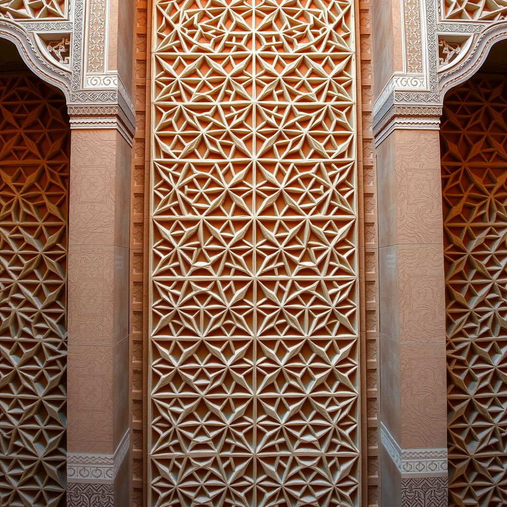 A detailed shot of the intricate geometric patterns on the walls of Qasr Al Watan in Abu Dhabi