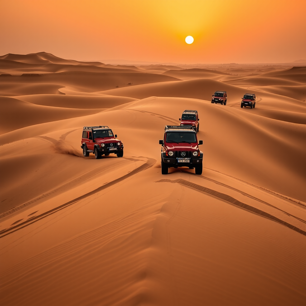 A convoy of 4x4 vehicles driving over golden sand dunes during a desert safari in Abu Dhabi at sunset.