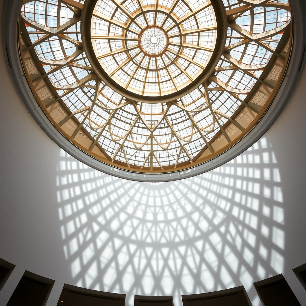 An interior view looking up at the geometric patterns of the Louvre Abu Dhabi's dome, with the 'rain of light' effect casting intricate shadows on the white walls below.