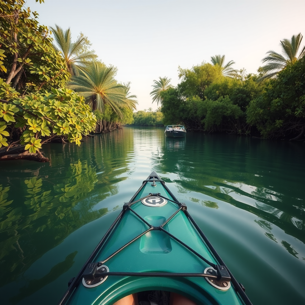 A first-person view from a kayak, paddling through the tranquil, green waters of the Eastern Mangrove National Park in Abu Dhabi.