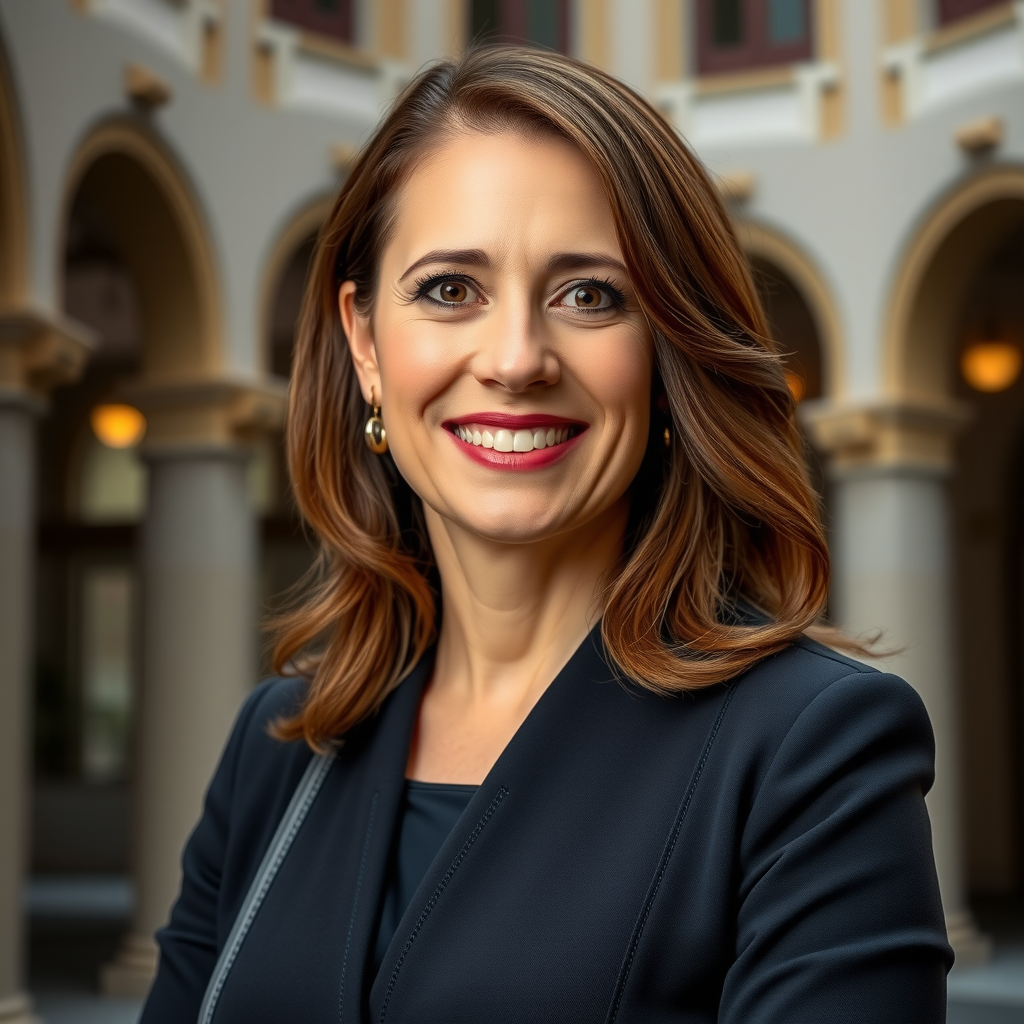 A professional headshot of Elara Vance, a woman with a warm smile, standing in front of an architectural background.