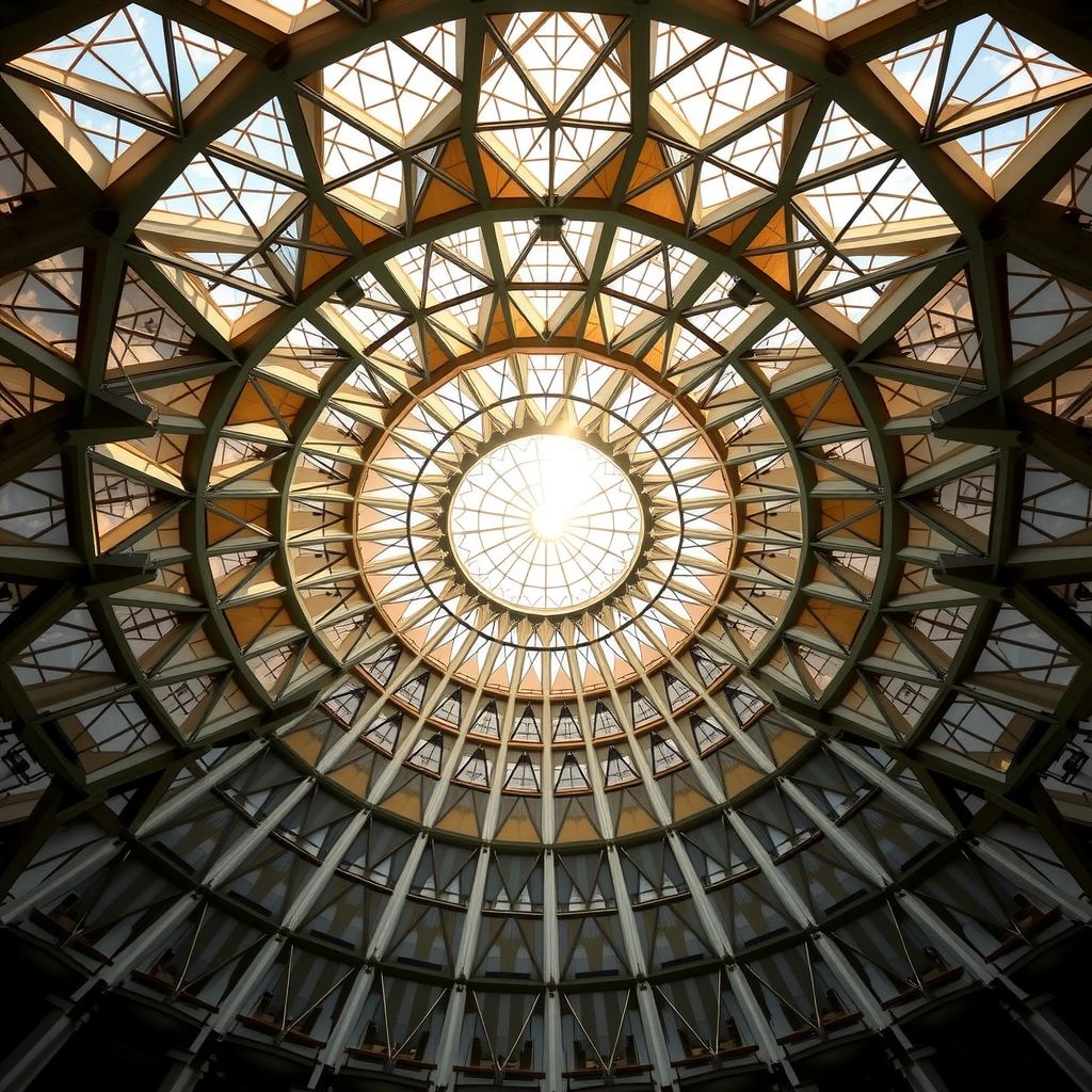 The intricate geometric dome of the Louvre Abu Dhabi with sunlight filtering through, creating a 'rain of light' effect.