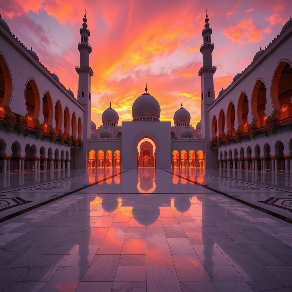 The Sheikh Zayed Grand Mosque's courtyard at sunset, with the sky painted in hues of orange and purple, reflecting beautifully in the polished marble floor.