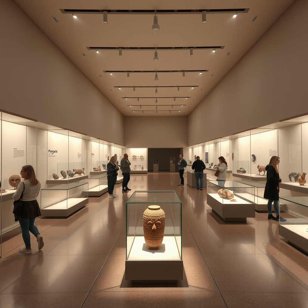 A wide shot of one of the museum's serene galleries, showcasing ancient artifacts in minimalist glass cases under soft lighting, with visitors admiring the displays.