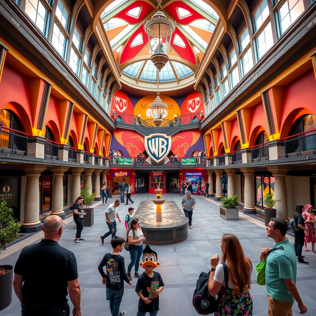 The vibrant interior of Warner Bros. World Abu Dhabi, showing the central plaza with characters like Bugs Bunny and Daffy Duck interacting with families.