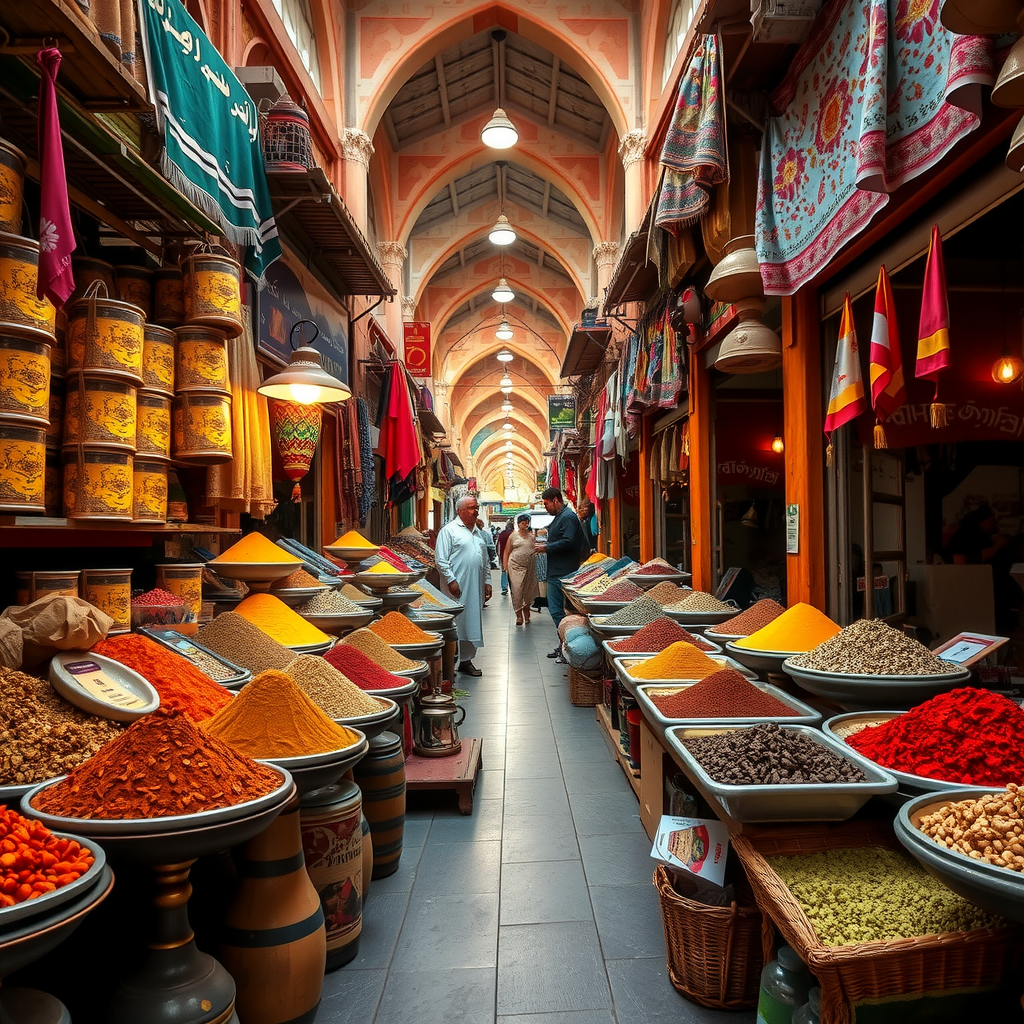 A vibrant scene from a traditional souk in Abu Dhabi, with colorful spices and textiles on display.