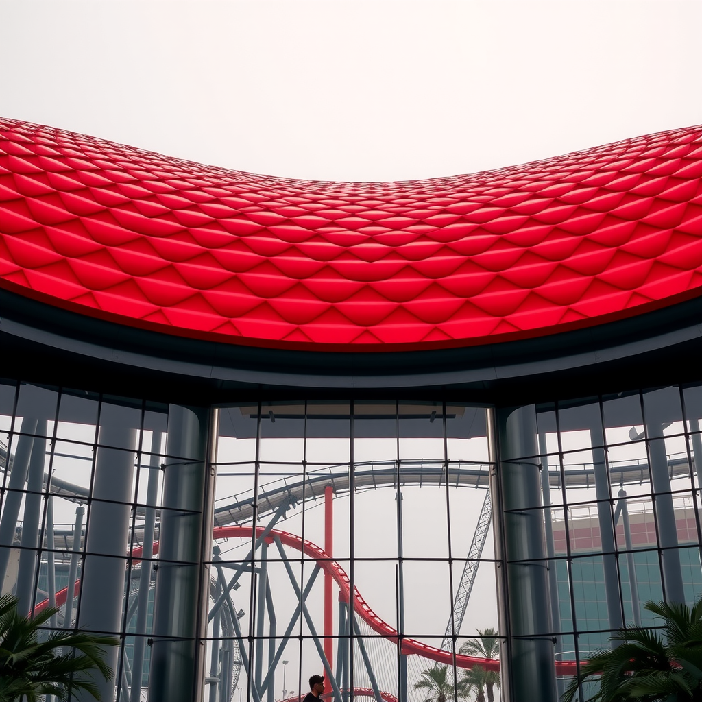 The iconic red roof of Ferrari World on Yas Island, Abu Dhabi, with a roller coaster visible.