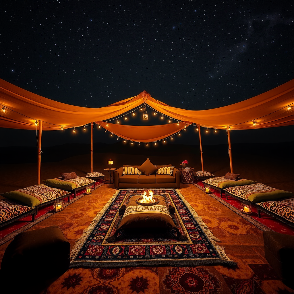 A beautifully arranged Bedouin-style camp at night, with carpets, cushions, and lanterns creating a warm and inviting atmosphere under a starry sky.