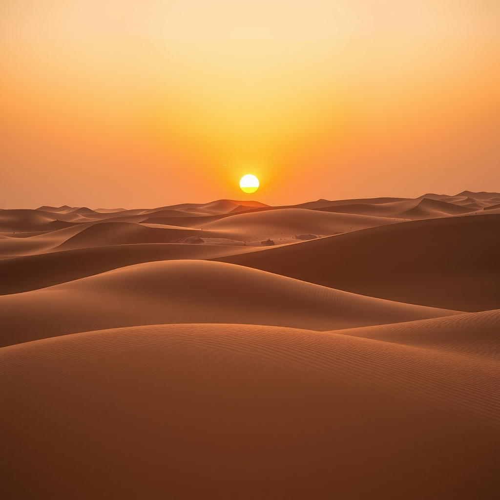 A serene view of the Arabian desert at sunrise, with rolling sand dunes and a clear sky.