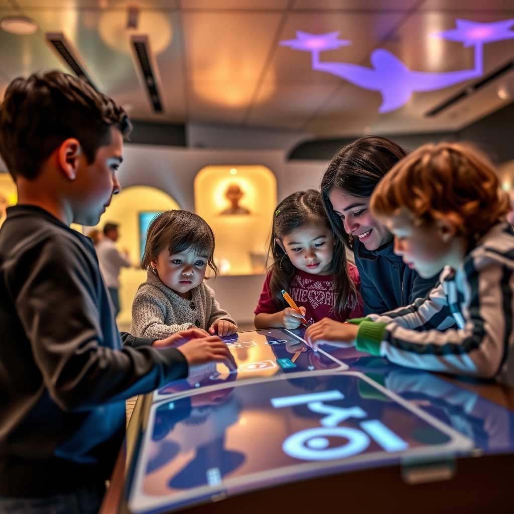 A family with children engaging with an interactive exhibit inside the Children's Museum at Louvre Abu Dhabi.
