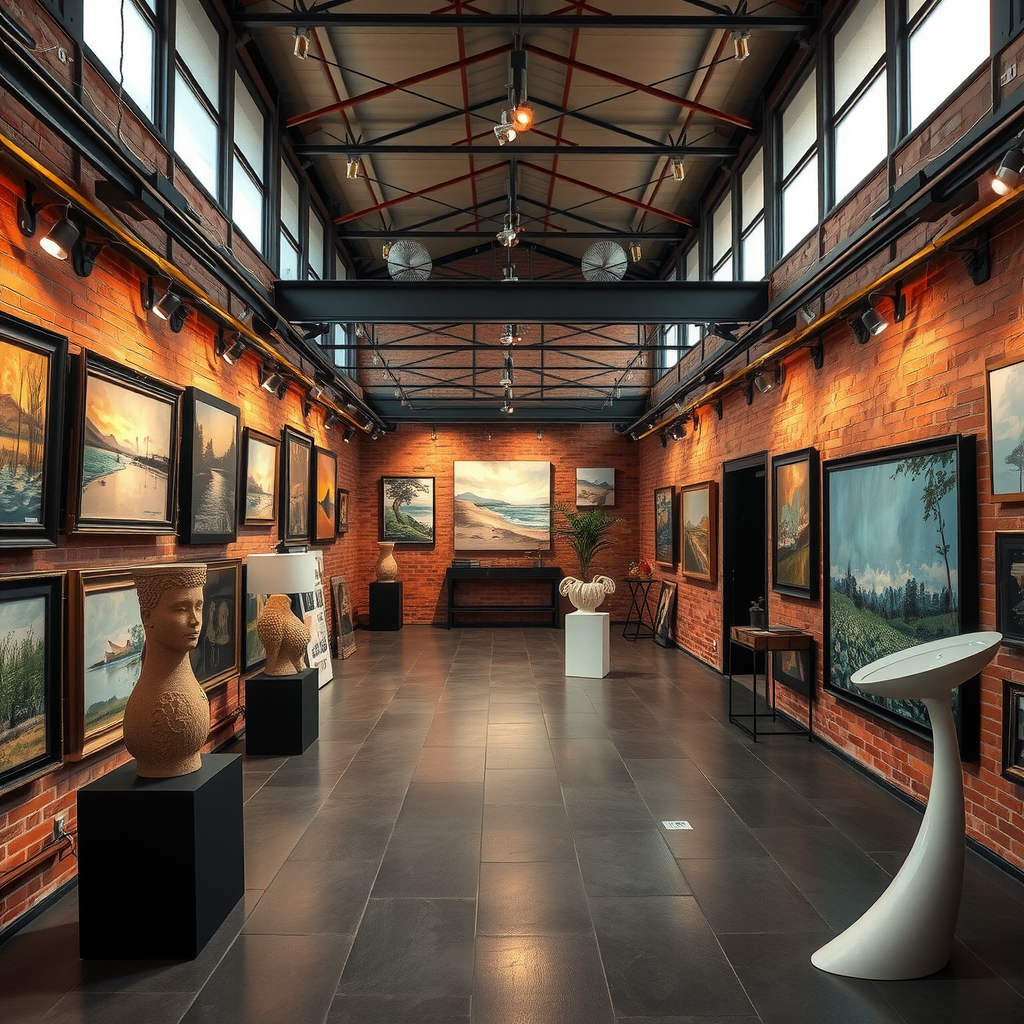 Interior of the modern, industrial-chic art gallery, Warehouse421, showcasing contemporary paintings and sculptures by local artists.